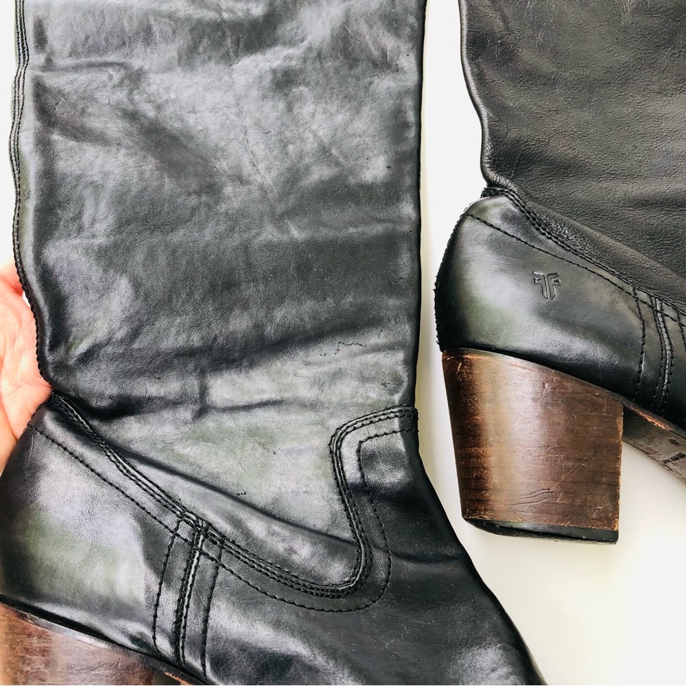 Frye Tall Boots Over the Knee Black Leather Western Block Heel Size 11 M Cowboy - Picture 4 of 16
